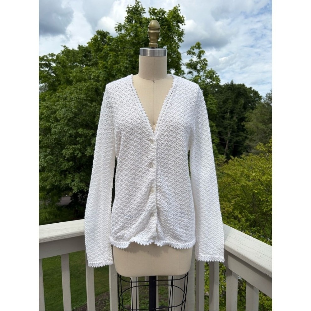 Vintage Open Knit V-Neck Cardigan Sweater Large White Cottagecore Stretchy